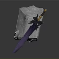 Purple Sword With Golden Hilt And Black Decorative Accents On White Stone