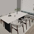 Modern White Rectangular Dining Table Set With Light Colored Chairs And Green Plant 3d model