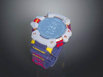 Stylish Sports Watch With Blue Digital Dial Red Yellow Strap And Metallic Case Design 3d model