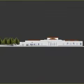 Modern White Building Featuring Red Roof Sections Green Trees Sand Area And Windows