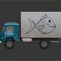 Blue Toy Cargo Truck With White Container And Fish Drawing Design