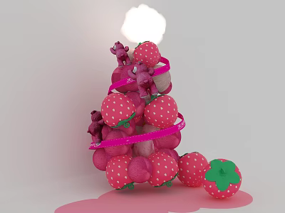 Pink Art Installation With Strawberry Shaped Balls Teddy Bear Figurines And Dripping Liquid 3d model