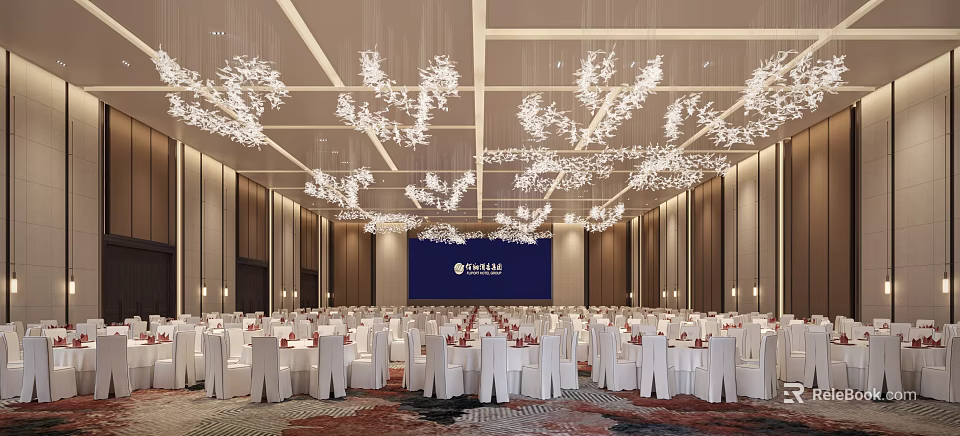 Elegant Spacious Banquet Hall Interior With White Tables Chairs Blue Backdrop And Ceiling Chandeliers 3d model 