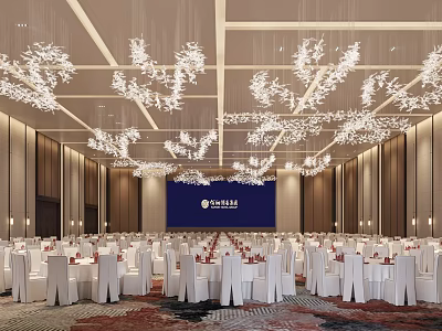 Elegant Spacious Banquet Hall Interior With White Tables Chairs Blue Backdrop And Ceiling Chandeliers 3d model