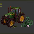 Detailed Green Farm Tractor With Yellow Wheels And Accessory Tools