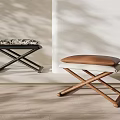 Wooden Stools With Crossed Legs And Upholstered Seats In Modern Interior