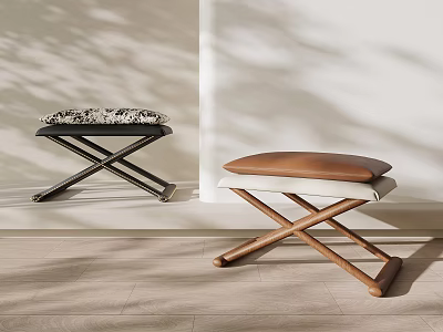 Wooden Stools With Crossed Legs And Upholstered Seats In Modern Interior 3d model