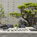 Serene Courtyard Garden With Green Trees Black Stones Pebble Path Gray Wall And Wooden Lantern