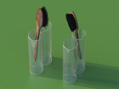 Clear Drink Glasses with Wooden Handle Brushes and Black Bristles on Green Table 3d model
