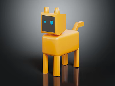 Yellow Geometric Block Cat with Simple Blue Eyes and Shiny Surface on Dark Background 3d model