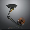 Innovative Robotic Creature With Circular Platform Metallic Spring Arm And Orange Grid Sphere