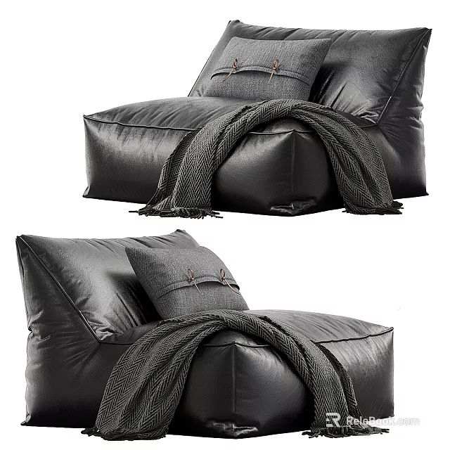 Modern Black Leather Single Sofa With Soft Cushions And Gray Throw Blanket 3d model 