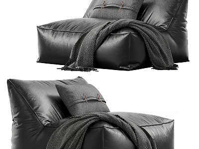 Modern Black Leather Single Sofa With Soft Cushions And Gray Throw Blanket 3d model