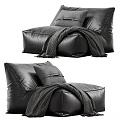 Modern Black Leather Single Sofa With Soft Cushions And Gray Throw Blanket 3d model