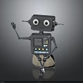 Silver Metal Robot Featuring Large Eyes Antennas Raised Hand Sitting On Rock Dark Background