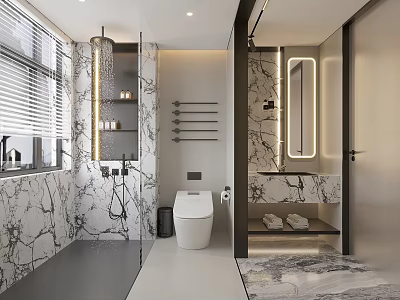 Modern Bathroom Interior with Marble Walls Smart Toilet and Mirror Cabinet 3d model