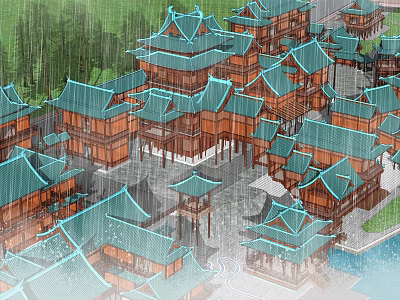 Scenic Traditional Chinese Ancient Architecture With Green Tiled Roofs Wooden Structures And Rainy Courtyard 3d model