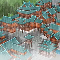 Scenic Traditional Chinese Ancient Architecture With Green Tiled Roofs Wooden Structures And Rainy Courtyard