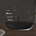 Modern Bathroom Interior With Black Freestanding Bathtub Gray Walls Shelves And Potted Plant
