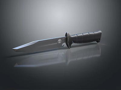 Tactical Military Knife With Sharp Metal Blade Black Handle On Reflective Surface 3d model