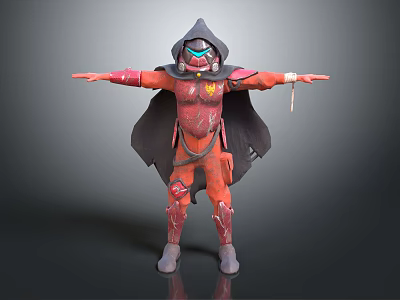Hooded Sci Fi Character in Red Armor with Mask Cloak and Outstretched Arms 3d model