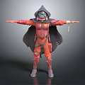 Hooded Sci Fi Character in Red Armor with Mask Cloak and Outstretched Arms