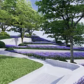 Serene Garden Landscape With Lawn Steps Deer Sculptures Flowering Trees And Purple Flowers