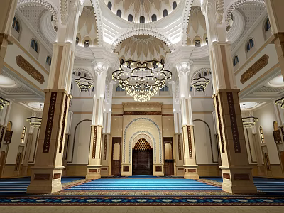 Islamic Mosque Interior With Dome Chandelier And Blue Prayer Carpet For Religious Faith 3d model