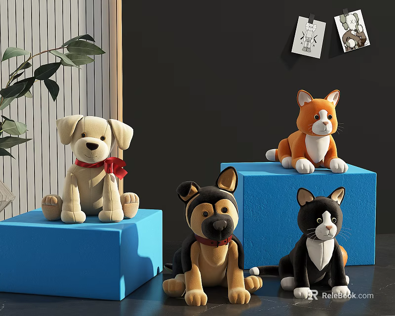 Plush Stuffed Puppy Shiba Inu Dog Cat Toys on Blue Cubes with Plant and 3d model 