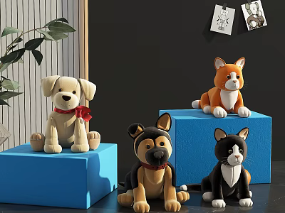 Plush Stuffed Puppy Shiba Inu Dog Cat Toys on Blue Cubes with Plant and 3d model