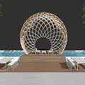 Wooden Lattice Pergola with Swimming Pool and Relaxing Seating Area on Wooden Deck