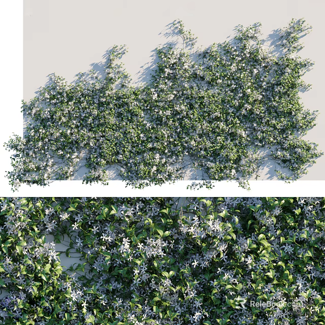Lush Green Plant Wall With White Small Flowers For Indoor Living Decoration 3d model 