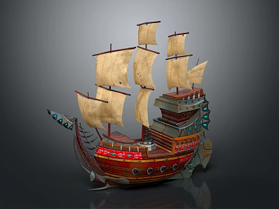 Vintage Sailing Ship With Multiple Canvas Sails Red Wooden Hull And Decorative Bow 3d model
