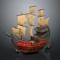 Vintage Sailing Ship With Multiple Canvas Sails Red Wooden Hull And Decorative Bow