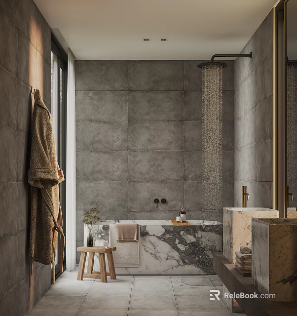 Bathroom Interior With Gray Tile Walls Marble Bathtub Gold Faucets Hanging Towel Small Stool And Potted Plant 3d model 