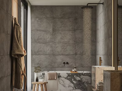 Bathroom Interior With Gray Tile Walls Marble Bathtub Gold Faucets Hanging Towel Small Stool And Potted Plant 3d model
