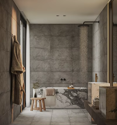 Bathroom Interior With Gray Tile Walls Marble Bathtub Gold Faucets Hanging Towel Small Stool And Potted Plant 3d model