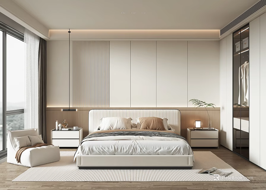 Modern Bedroom Interior With White Bed Headboard Wall And Floor to Ceiling Window 3d model