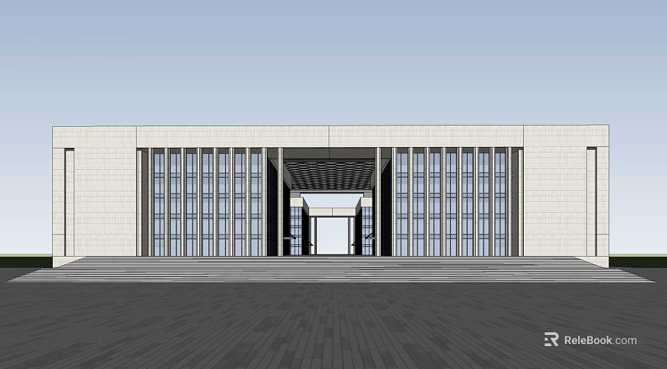 Modern Office Building Exterior With Large Glass Windows And Stone Entrance Steps 3d model 