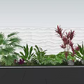 Varied Garden Plants With Palm Fronds Red Blooms Green Foliage By White Textured Wall