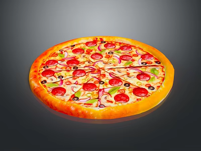 Delicious Fresh Pizza With Tomato Slices Black Olives Green Vegetables And Melted Cheese 3d model