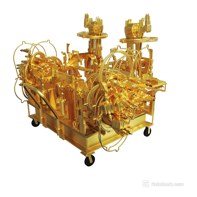 Golden Mechanical Device With Complex Intricate Structure And Mobile Wheels Design 3d model 