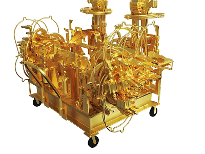 Golden Mechanical Device With Complex Intricate Structure And Mobile Wheels Design 3d model