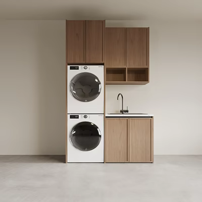 Double Stacked Washing Machine With Wooden Cabinets And Sink In Modern Laundry Space 3d model