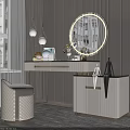 Elegant Modern Dressing Table With Round Mirror Hanging Lamps And Upholstered Stool 3d model