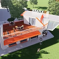 Modern Container Building With Large Glass Windows Balcony And Outdoor Gathering Space