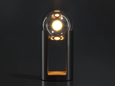 Unique Shaped Desk Lamp With Transparent Spherical Lampshade Black Cylindrical Base And Warm Yellow Light 3d model