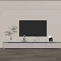 Modern White TV Stand With Wall Mounted TV Green Plants And Decorative Items