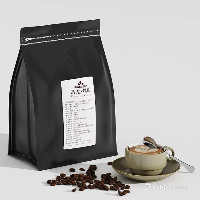 Premium Coffee Bag Package With Freshly Brewed Coffee Cup And Roasted Coffee Beans 3d model 