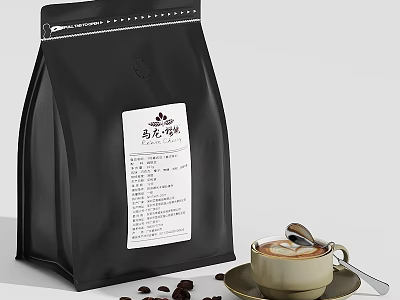 Premium Coffee Bag Package With Freshly Brewed Coffee Cup And Roasted Coffee Beans 3d model